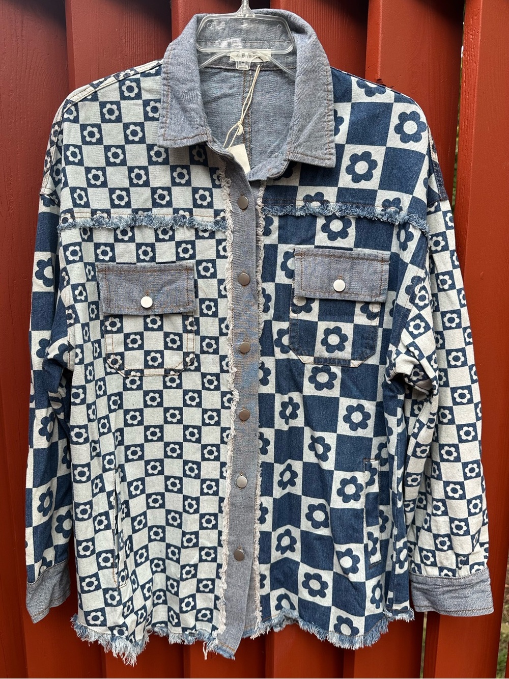 NWT Women’s Blue Floral Checkerboard Denim Shacket Size M. By ANDTHEWHY